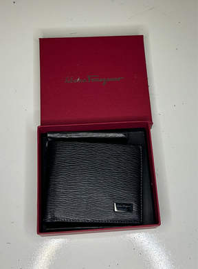 Ferragamo black/black metal plate bifold wallet New with box