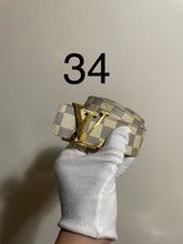 Load image into Gallery viewer, Louis Vuitton damier azure initials belt gold buckle sz 34 (fits 28-32)